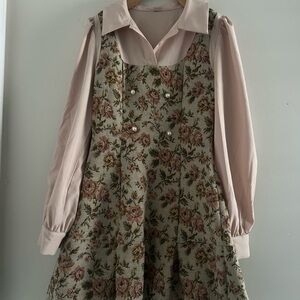 Vintage Knit Floral Pinafore Mini Dress with Blush Blouse Pearl Buttons XS